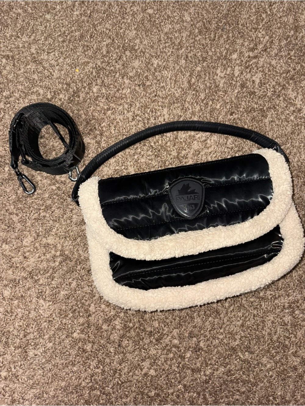 Pajar Black Quilted Shoulder Bag with Cream Sherpa Trim
